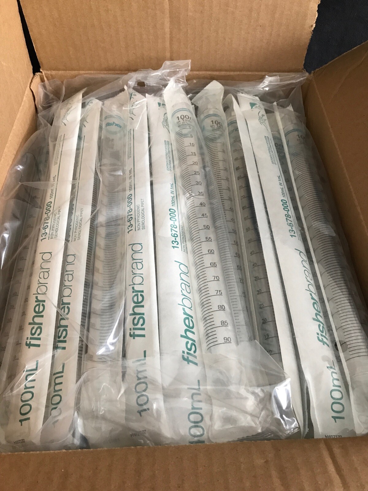 (100) FISHERBRAND 100mL PS TD Graduated Serological Pipet Plug Aqua Magnifier