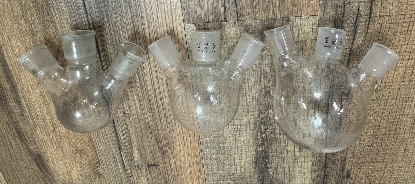 Scientific Joint Glass Angled 3-Neck Round Bottom Flask 14/20 19/22LOT of 3