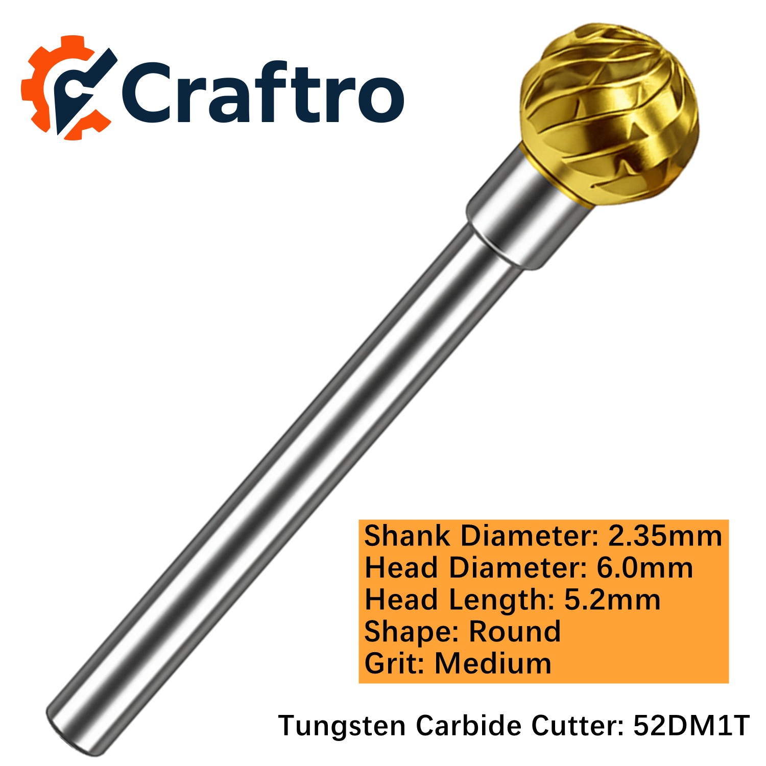 Craftro 3/32» Carbide Cutter Bur Round 52D Medium Titanium Coated 1/pk 6*5.2mm