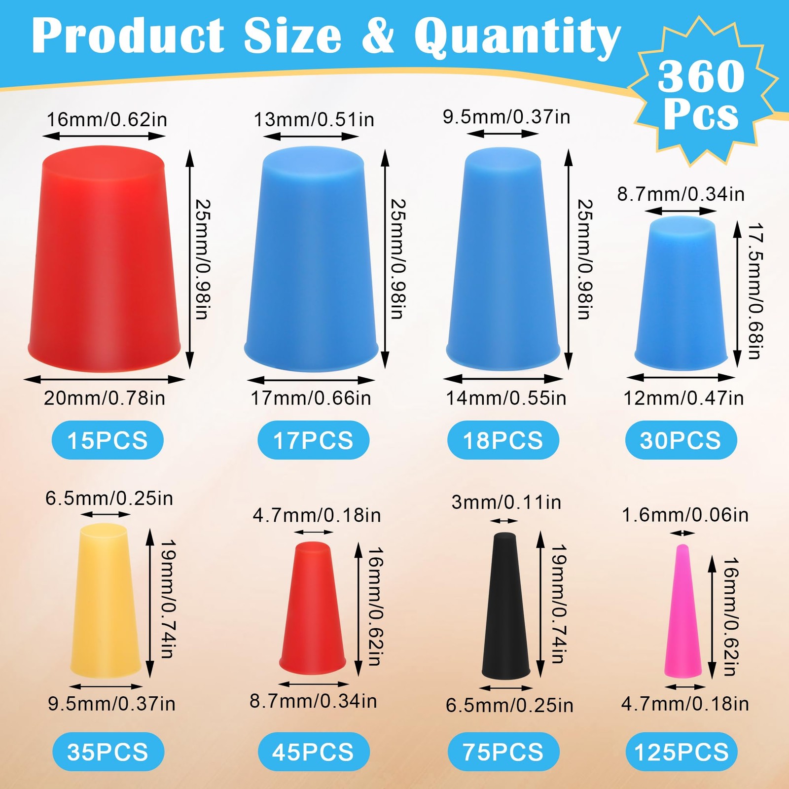 360 PCS Silicone Rubber Tapered Plug Set 8 Size 1/16 to 5/8 Inch Hole
