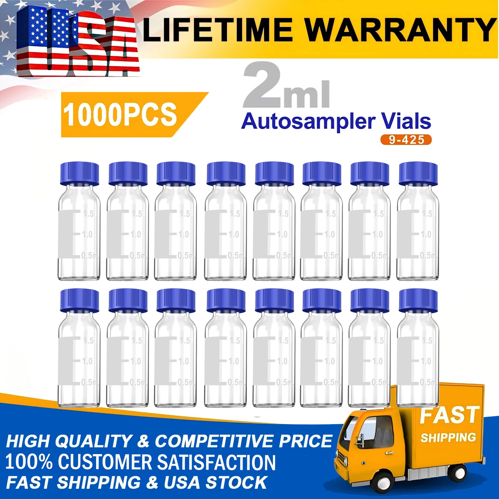 2ml 1000 Pcs Autosampler Vials Transparent Sample Bottle with Blue Screw Caps
