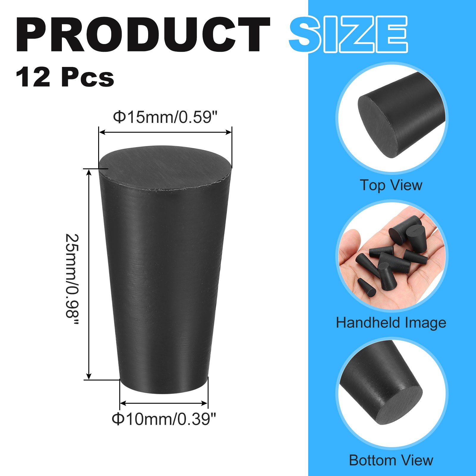 Solid Rubber Stoppers 10x15x25mm, 12 Pcs Tapered Lab Seal Rubber Stopper Black