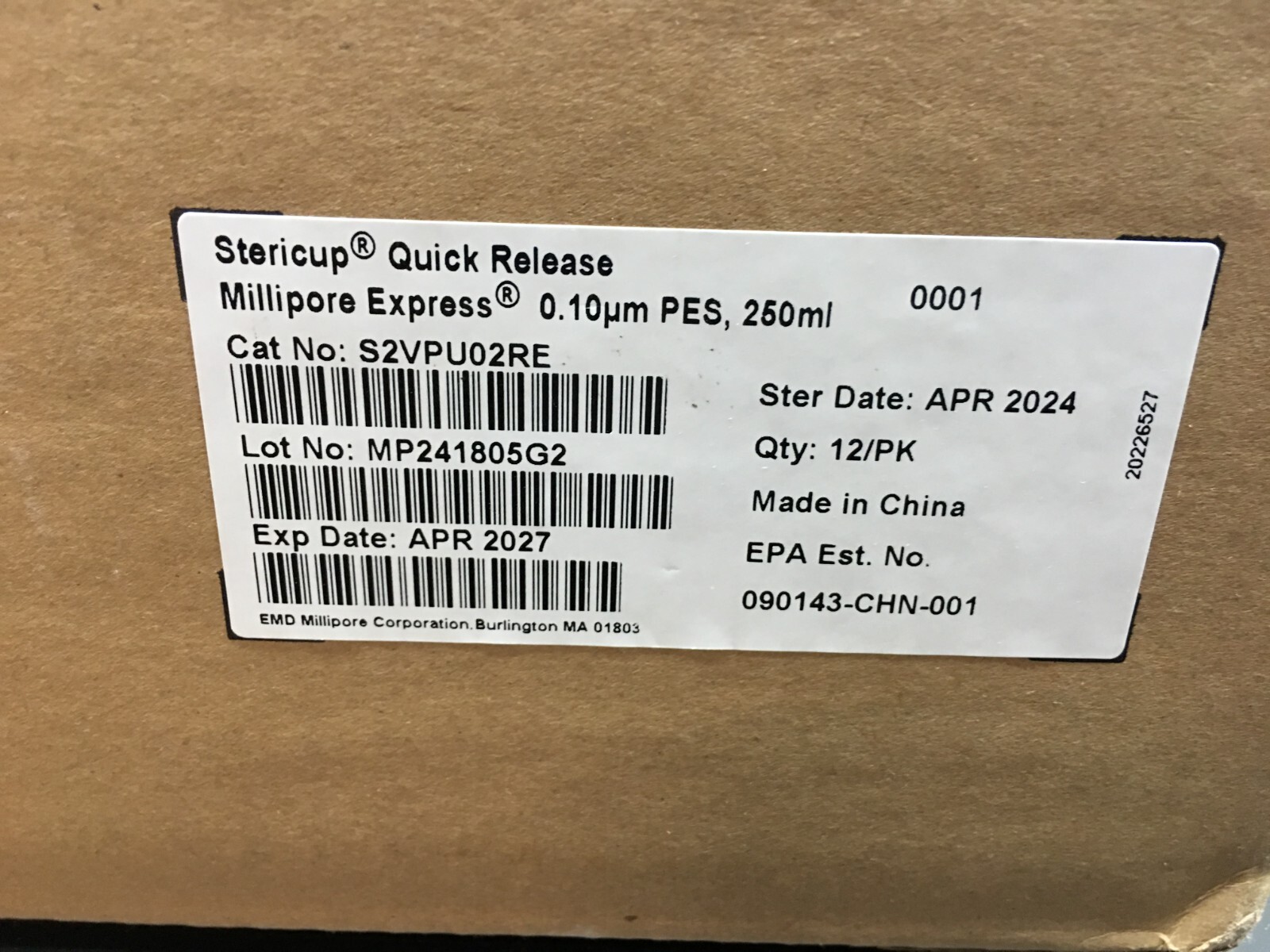 Millipore Cat No S2VPU02RE Stericup Quick Release 0.10um 250mL Vacuum Filtration