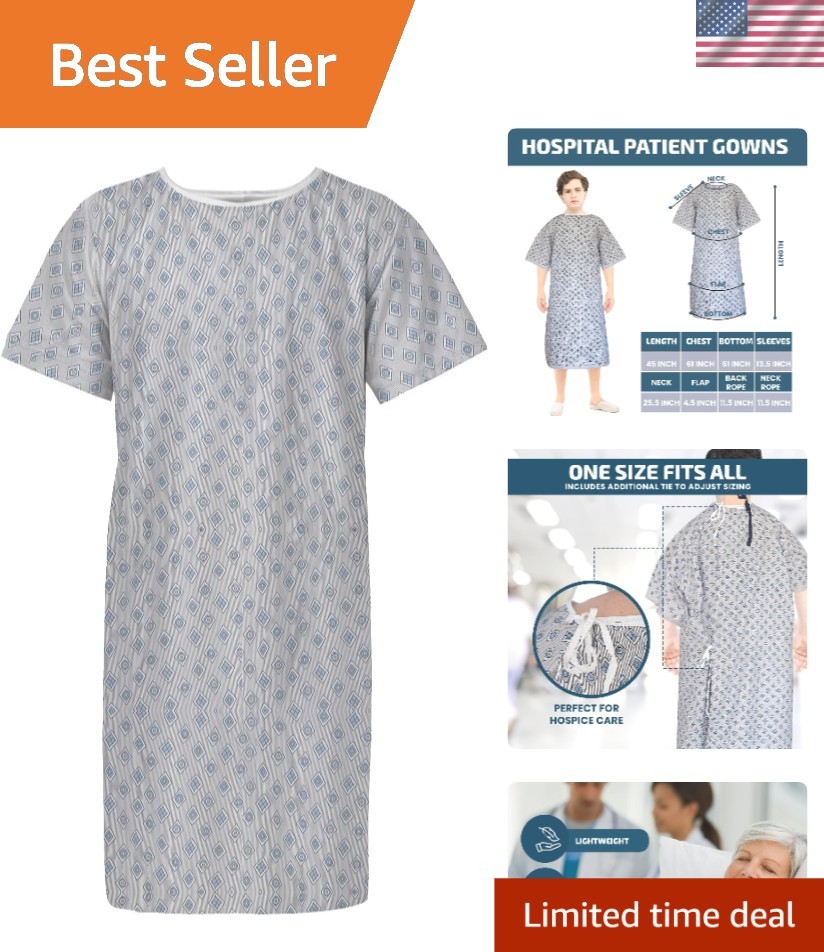 Durable Cotton Blend Patient Gown – Unisex, Full-Length, Tie Back, Grey Diamond