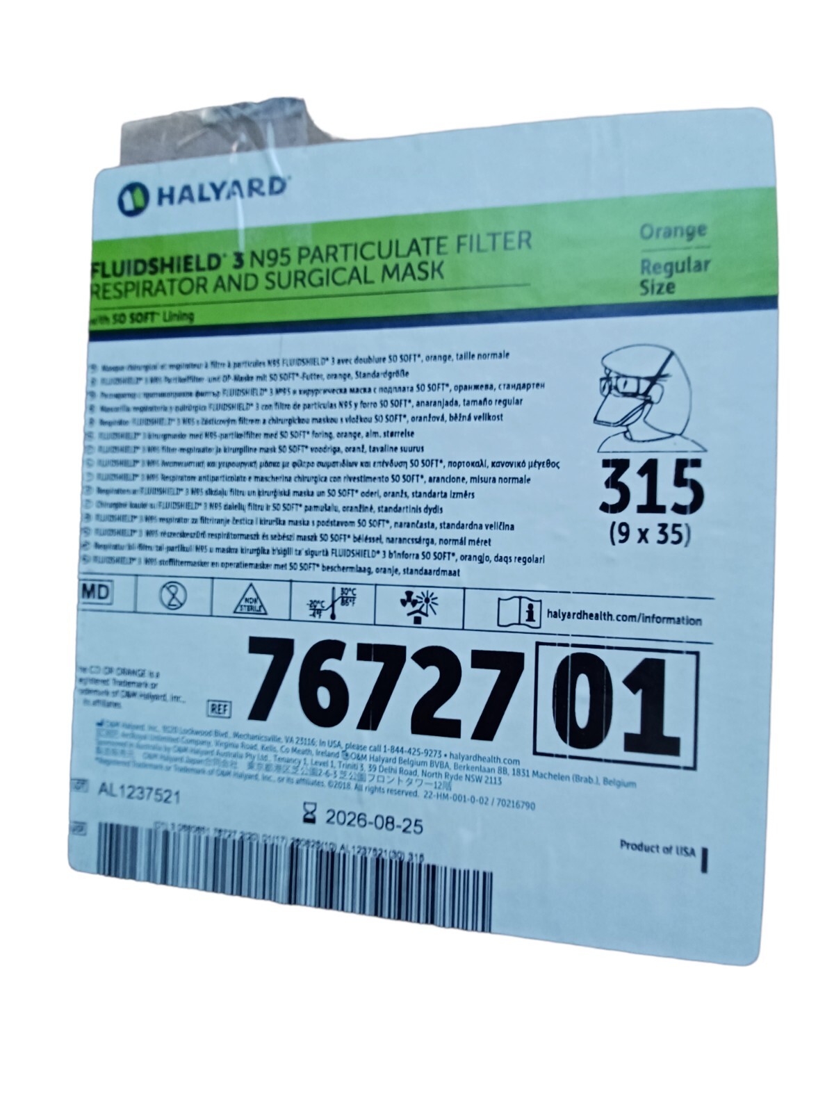 HALYARD FLUIDSHIELD Surgical N95 Respirators Mask Level 3 Regular Orange QTY 315