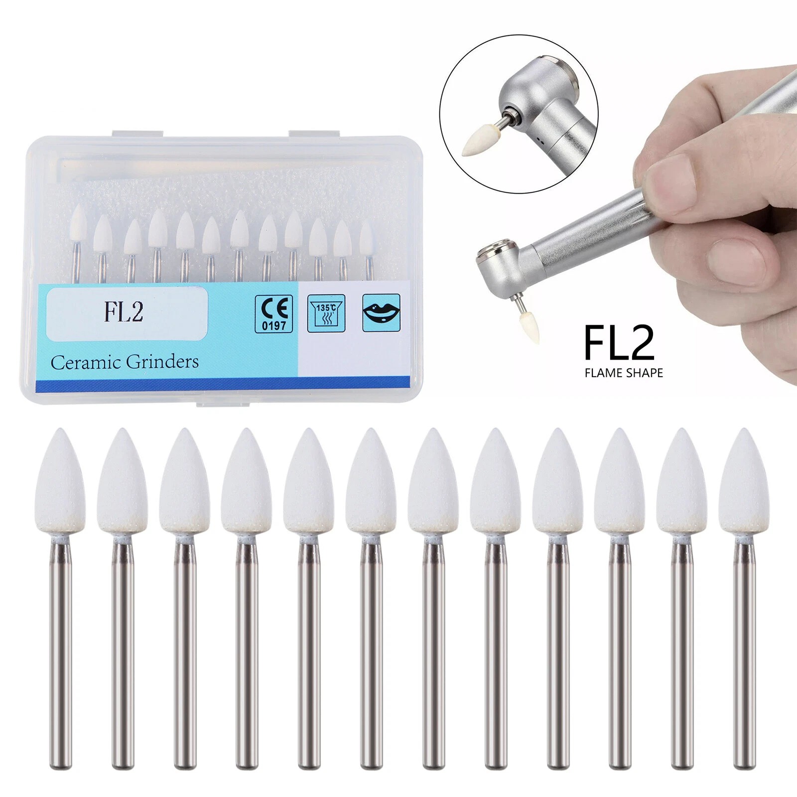 12pcs/Pack Dental Flame White Stone Polishing FG Burs Fl2 Abrasion Point Bur VIP