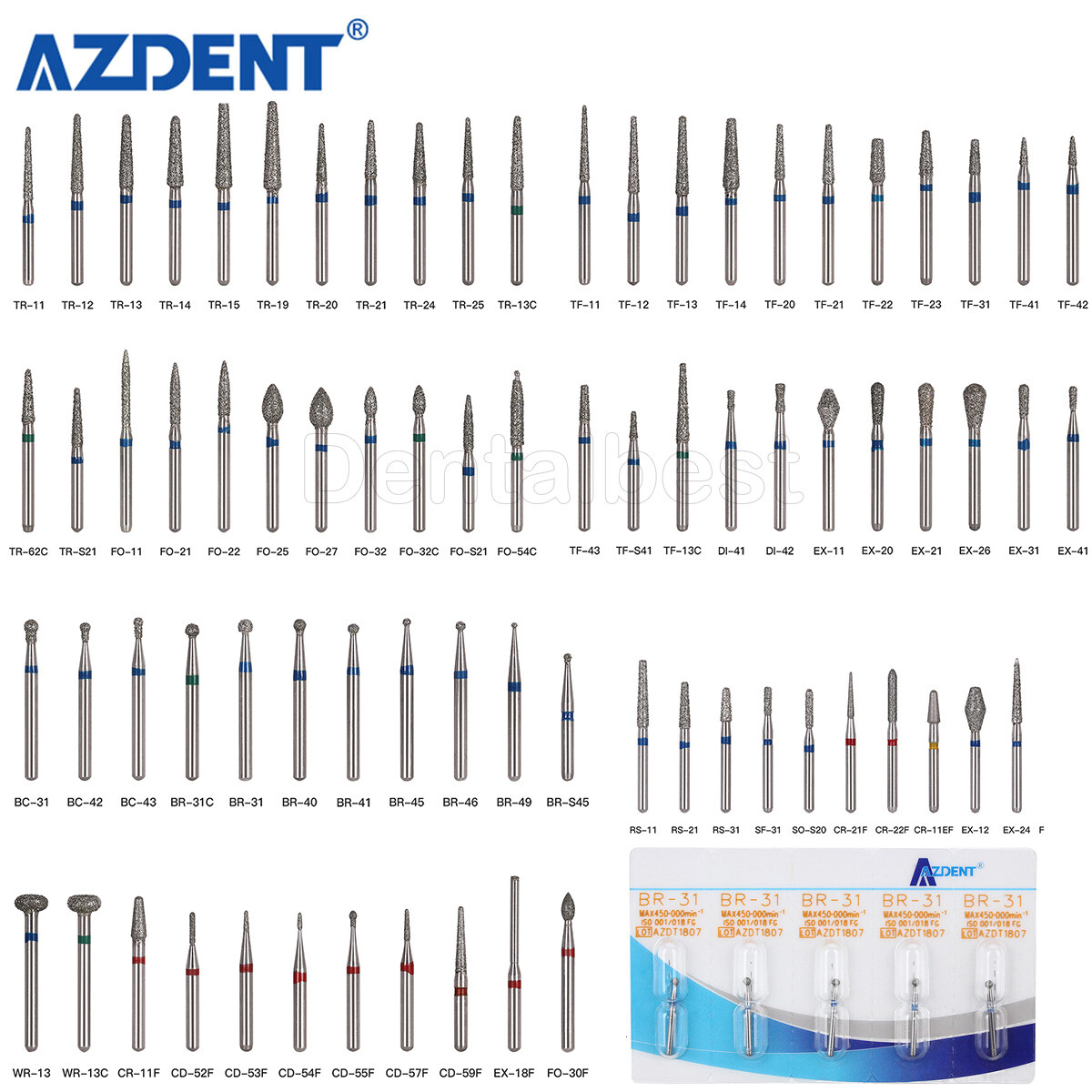 25pcs AZDENT Dental FG Diamond Burs For High Speed Handpiece Friction Grip