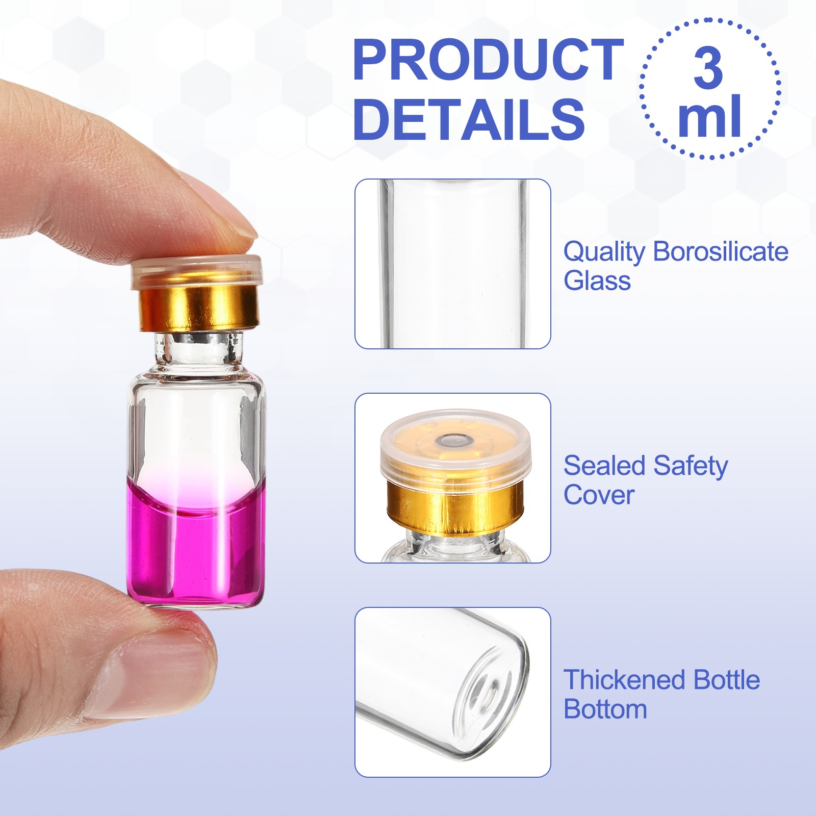 10 Pack 3ml Lab Empty Vials for Injection, Transparent and Gold