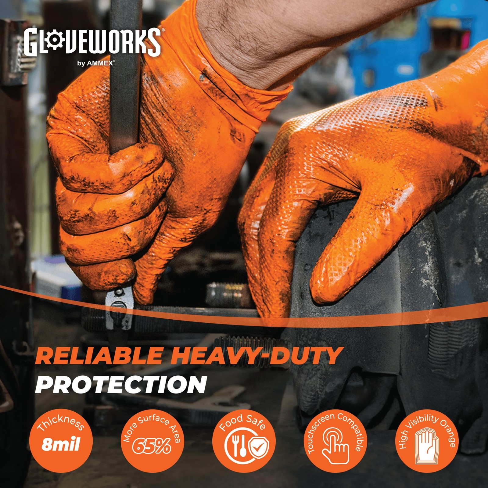 GLOVEWORKS 8 Mil Orange Nitrile Gloves, Large, 2 Boxes of 100