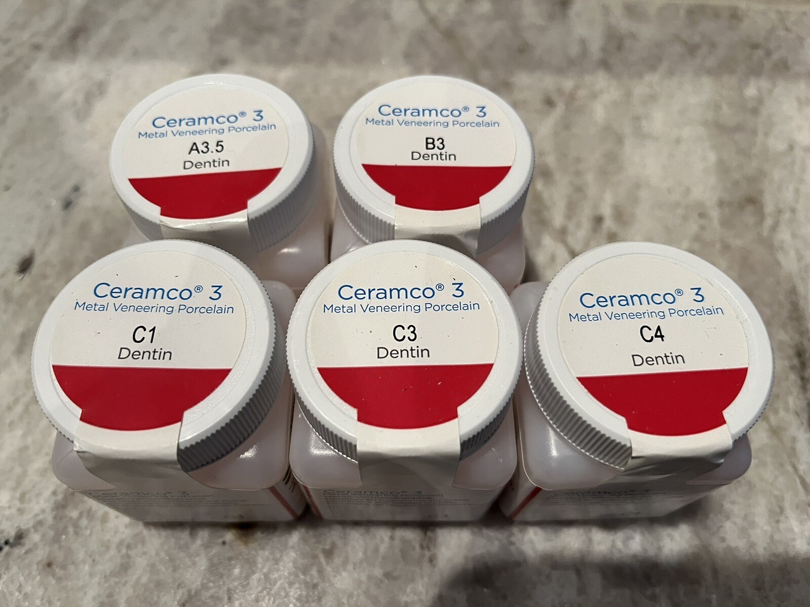 Ceramco 3 porcelain, dentin, enamel, modifiers, glaze 4 oz. & 1 oz. bottles