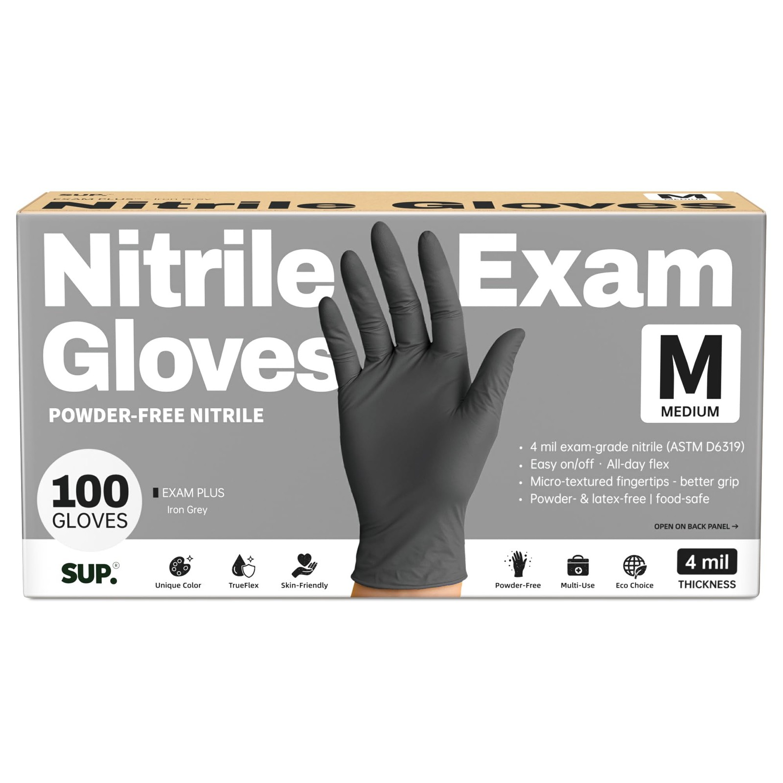 SUP Powder-Free Nitrile Exam Gloves, 100 Count, Medium, Medium (Iron Grey)