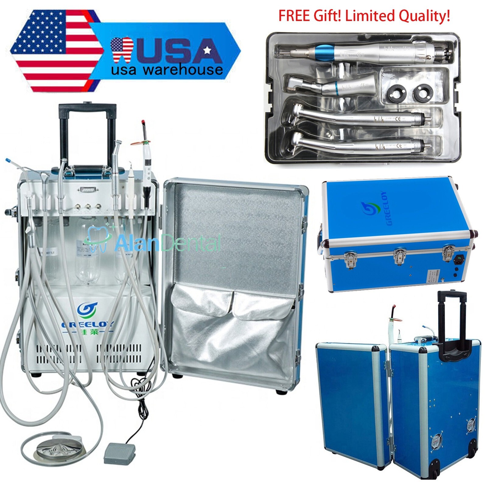 Greeloy Portable Dental Unit +Curing light +Scaler +High & Low Speed Handpieces