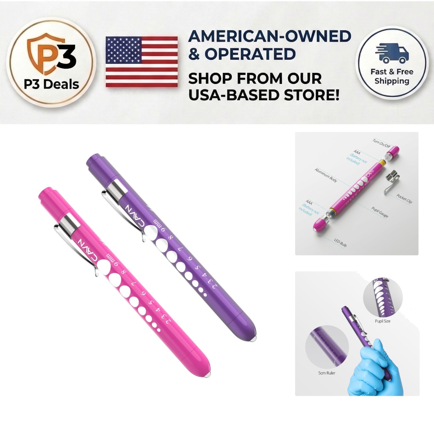 2-Pc LED Medical Penlight Set with Pupil Gauge for Nurses – Purple & Pink