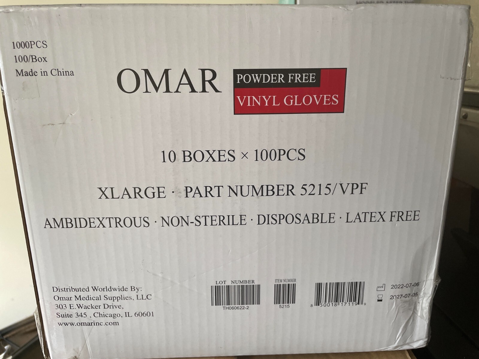 1 Case of 1000 Omar Powder Free Vinyl Gloves 10 Boxes-100 Each Box XLarge