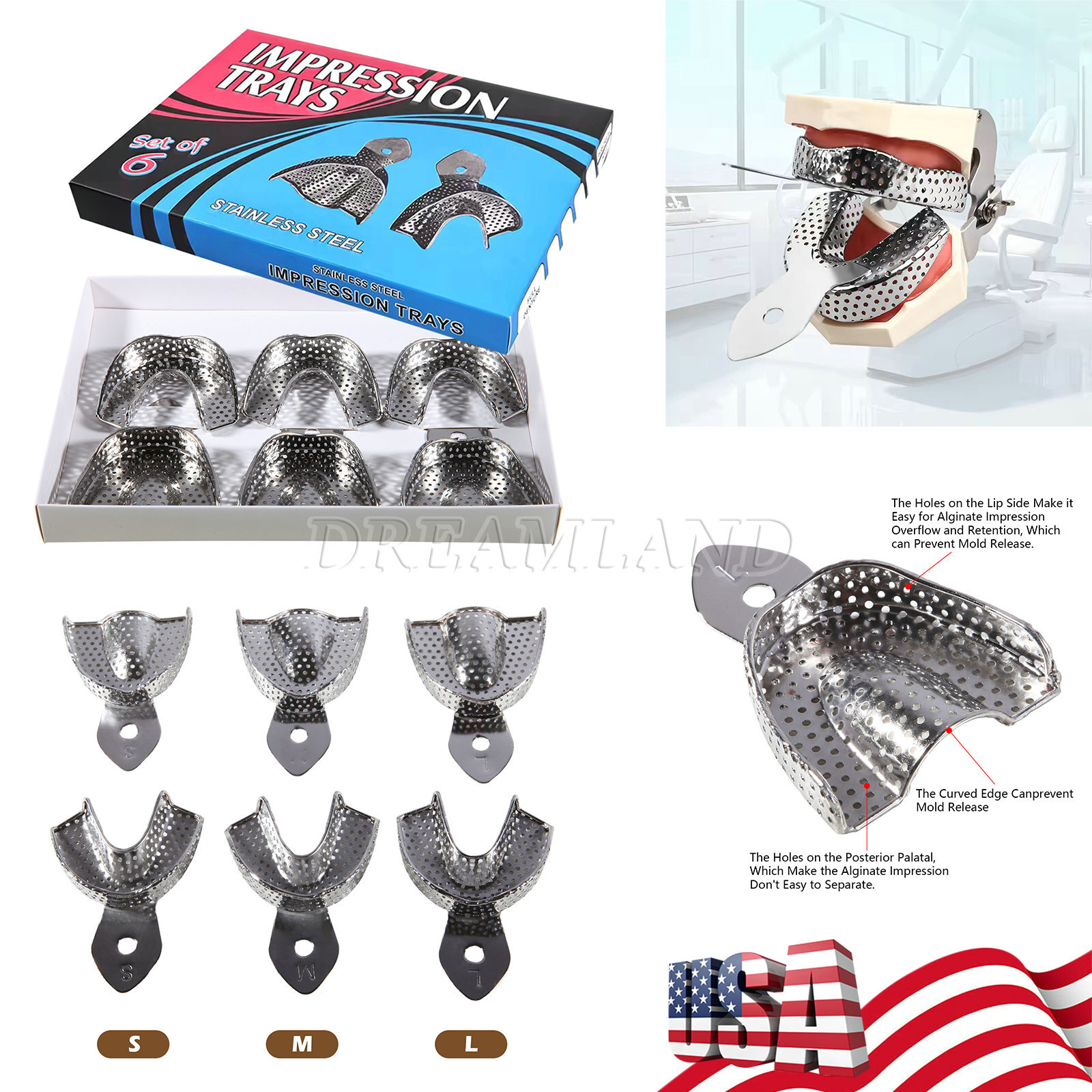 6 Dental Impression Trays PERFORATED Stainless Steel METAL Autoclavable