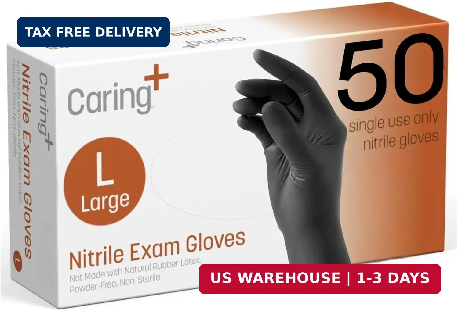 Caring Black Nitrile Exam Gloves, 50 Count, Powder Free and Without Natural Rubb