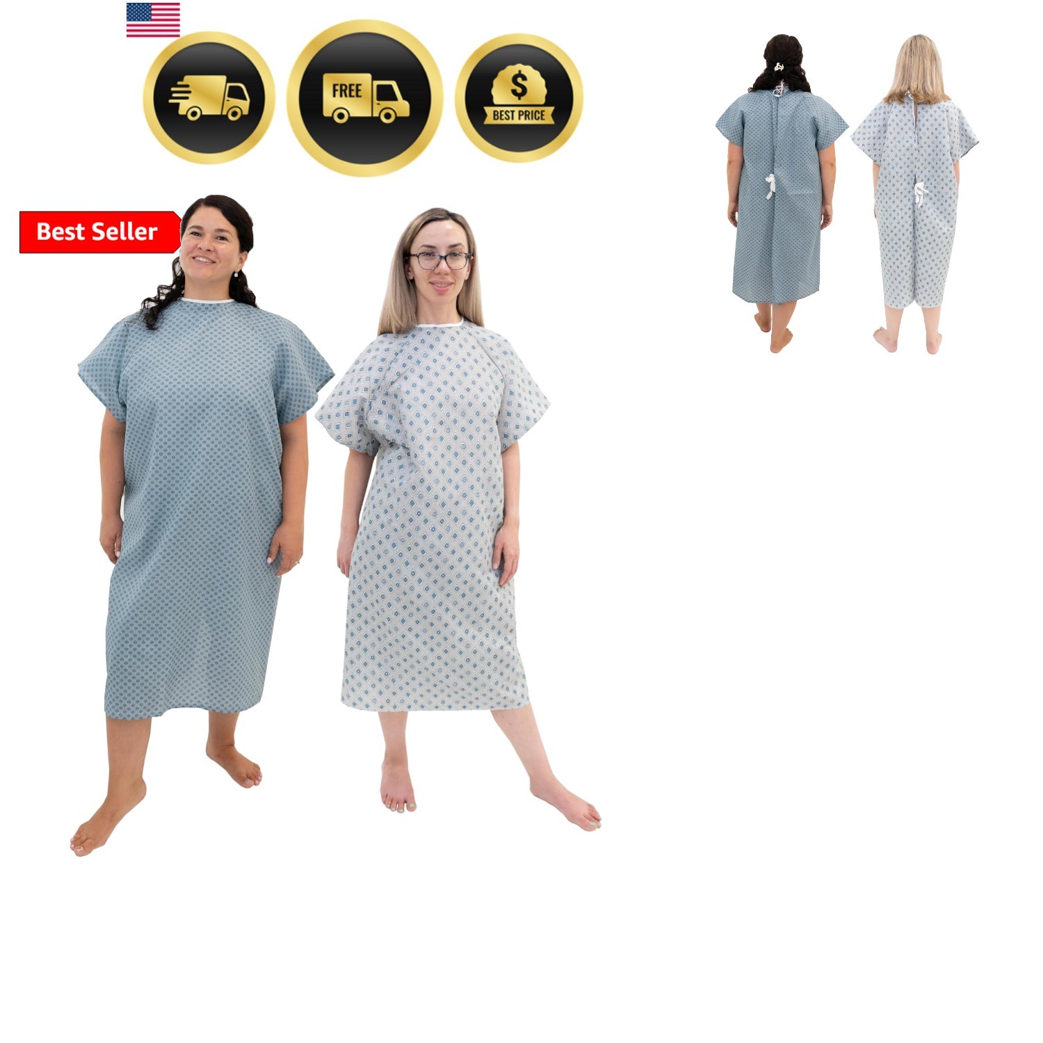 2 Pack – Blue and White Hospital Gown with Back Tie/Hospital Patient Gown wit…
