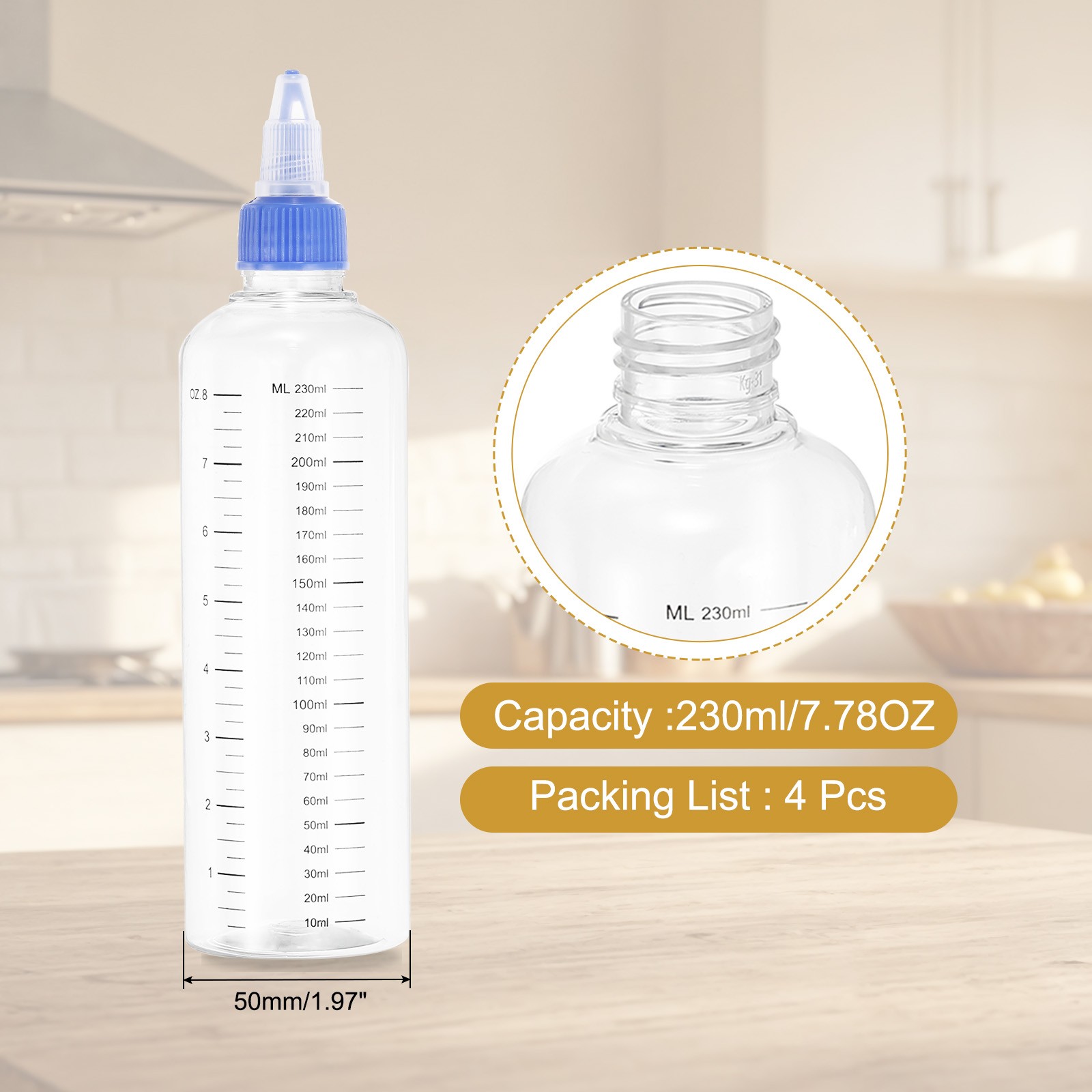 230ml/8OZ Plastic Squeeze Bottles, 4 Pcs Dispensing Bottle, Transparent