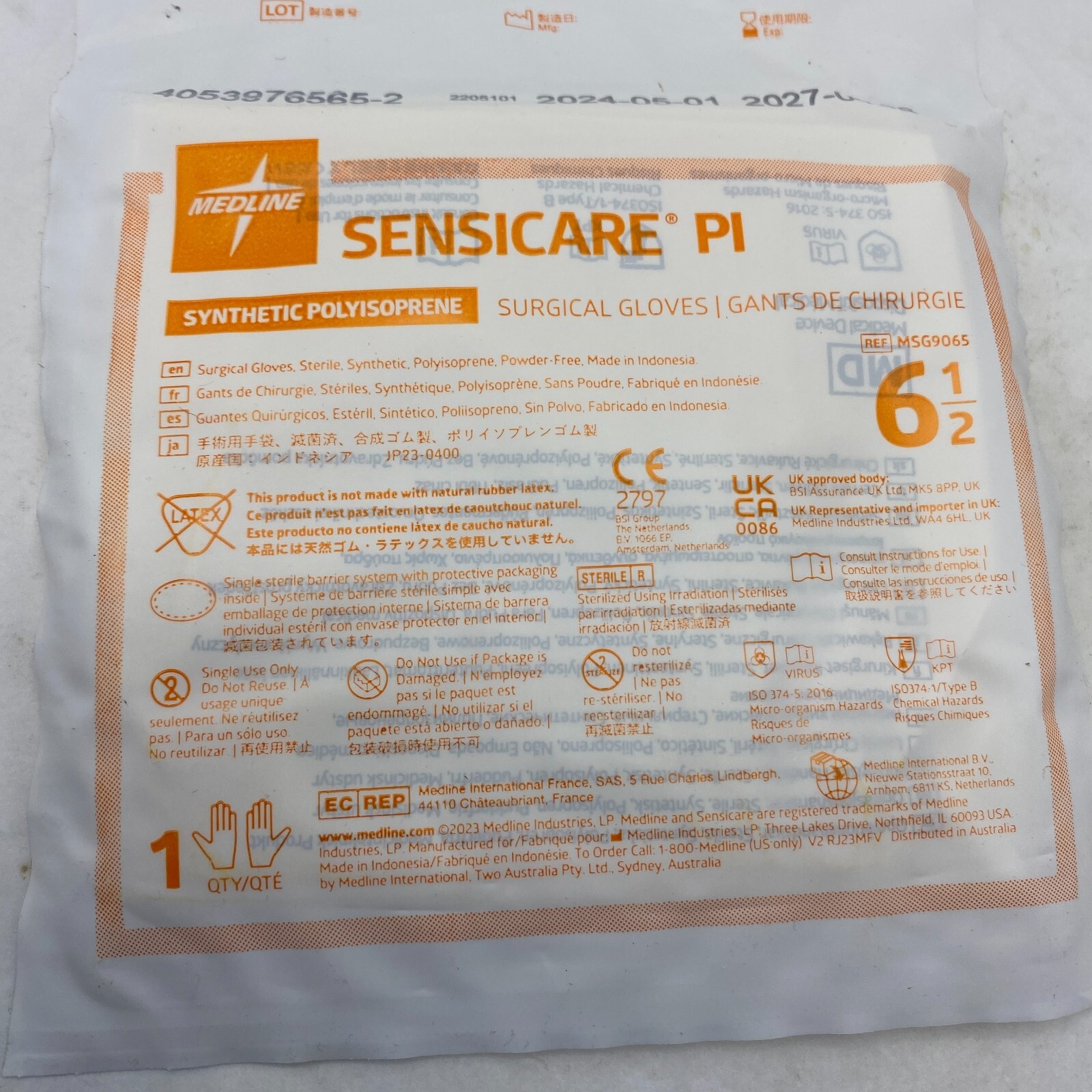 LOT OF 25 SENSICARE PI SURGICAL GLOVES 6 1/2 (6.5) MEDLINE 4053976565-2