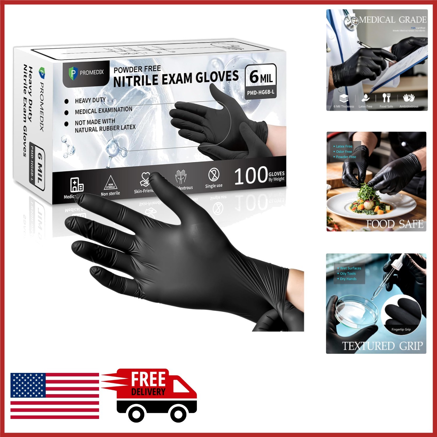 100 Pcs Black Nitrile Gloves 6Mil Disposable Latex Free for Food Handling