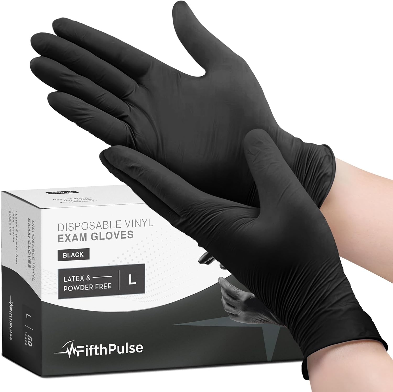 LARGE – Black Vinyl Disposable Gloves – Powder and Latex Free Medical Exam 50PCS