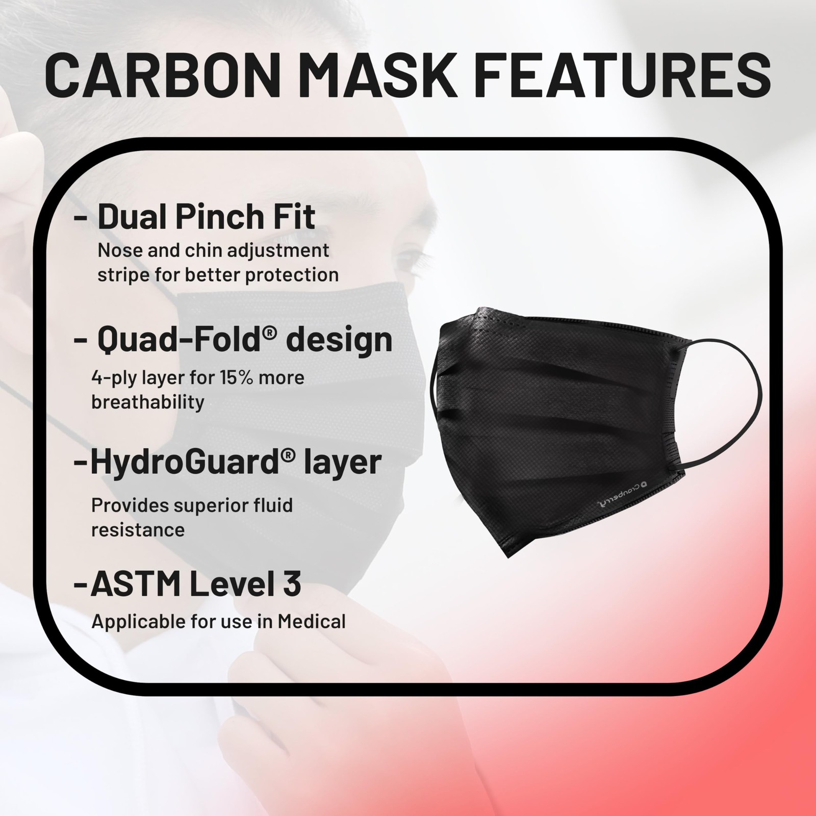 Cranberry USA C2900K Carbon Earloop Face Masks, Black 50,