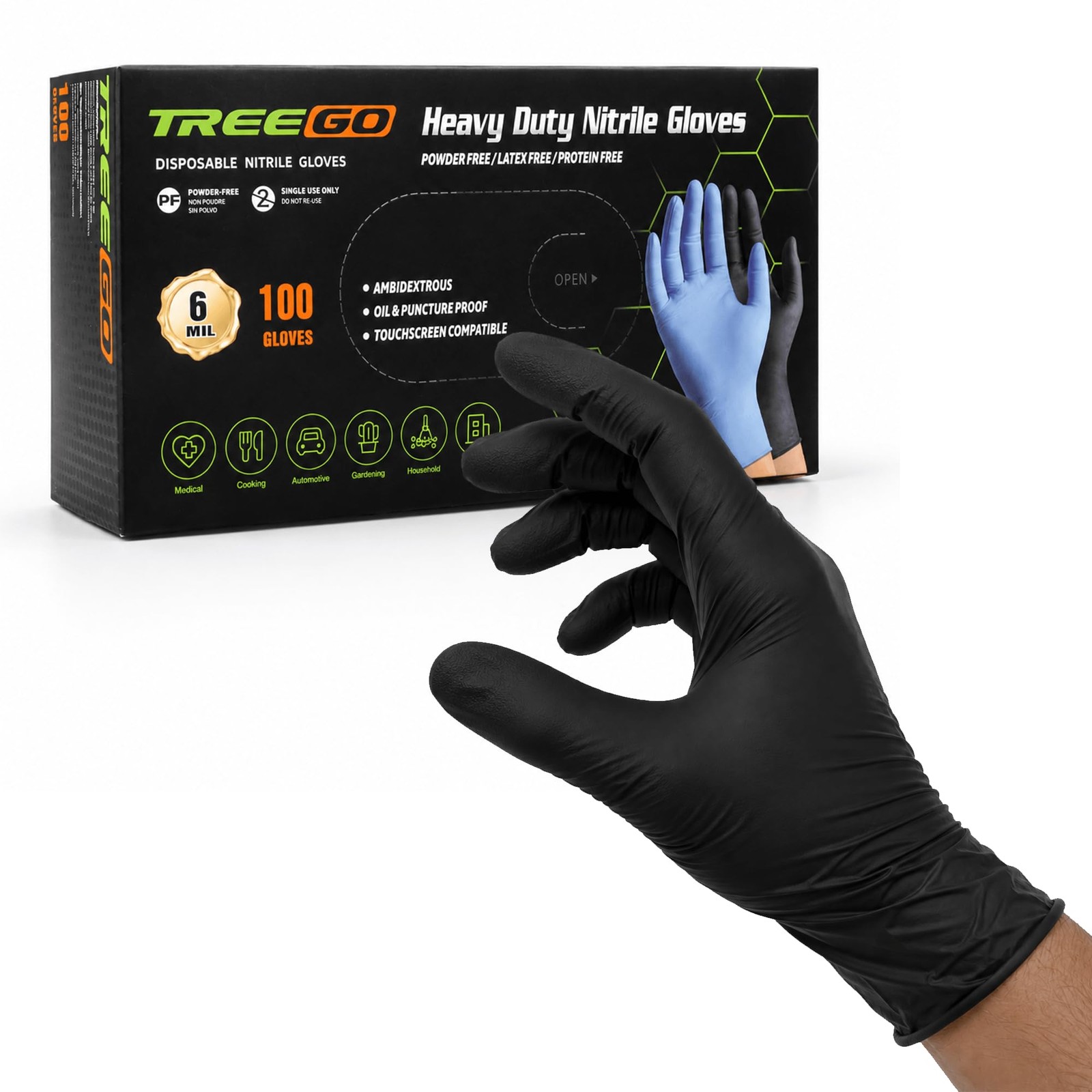 TREEGO Black Nitrile Gloves 6 Mil Heavy Duty Disposable Large, 100