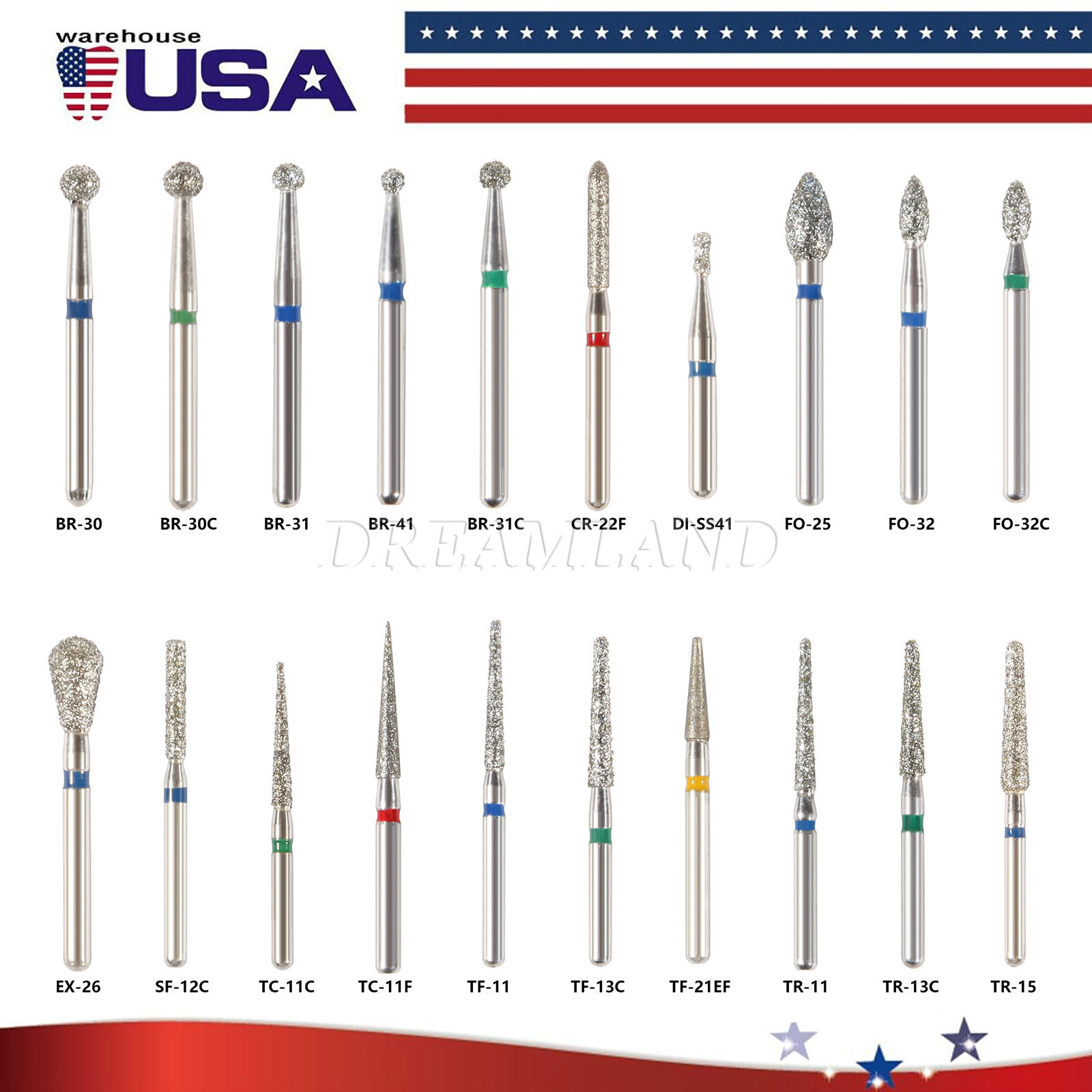 100 Dental Dentist Diamond Burs Bits Drill FG 1.6mm 20 Types Burr Bohrer