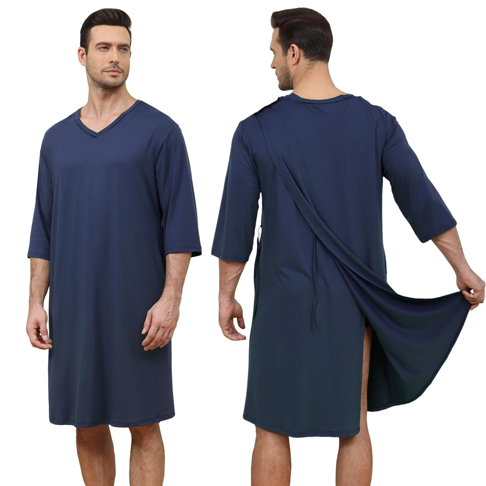 Liokoc Soft Elastic Men’s Hospital Gown with Shoulder Snaps, Waist Drawstring…