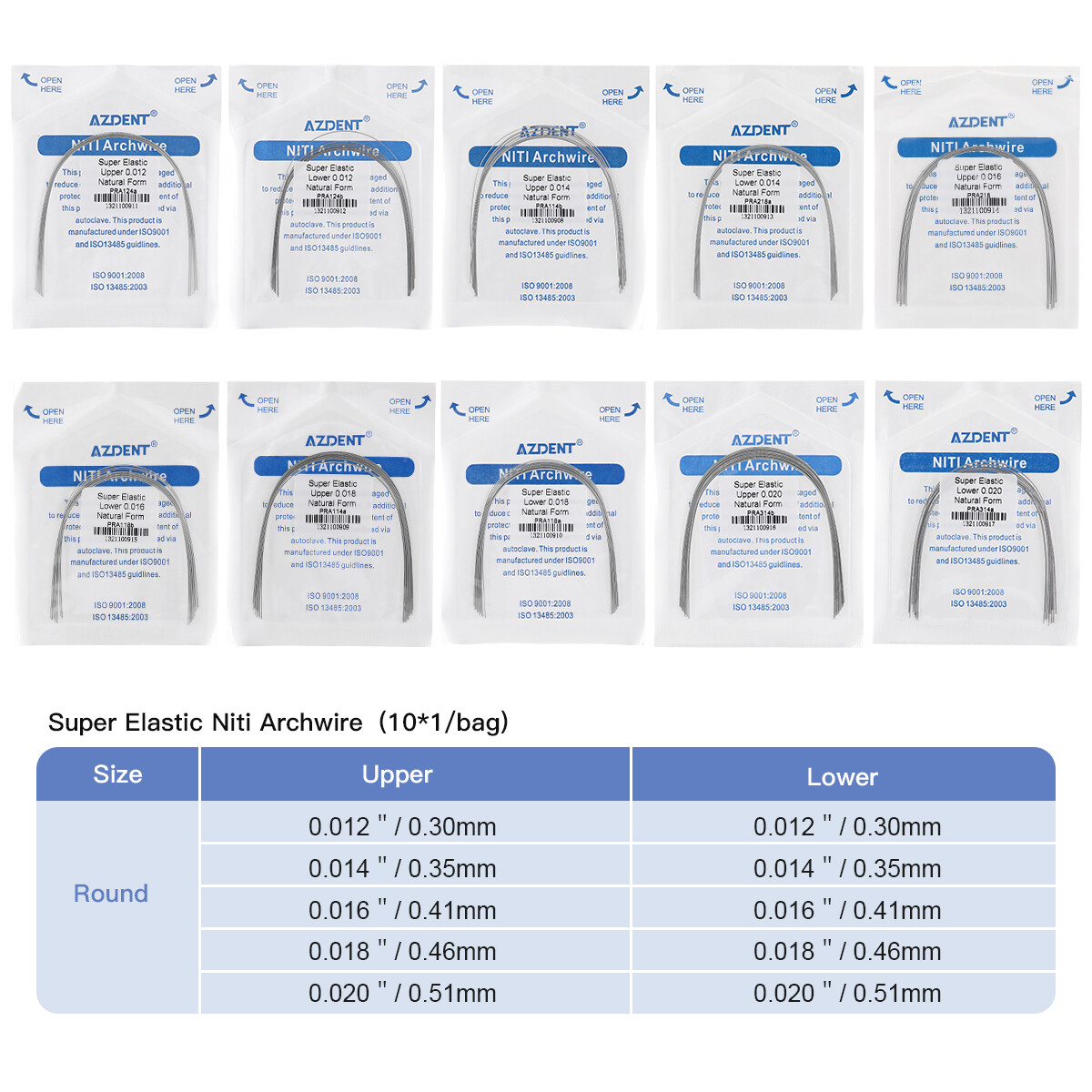 10pcs AZDENT Dental Orthodontic Super Elastic Niti Round Arch Wire Nature Form