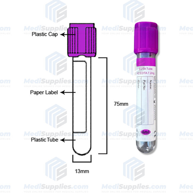 Vacuum Blood Collection Tube, 13 x 75mm, 4ml, Lavender Top, Exp 5/25