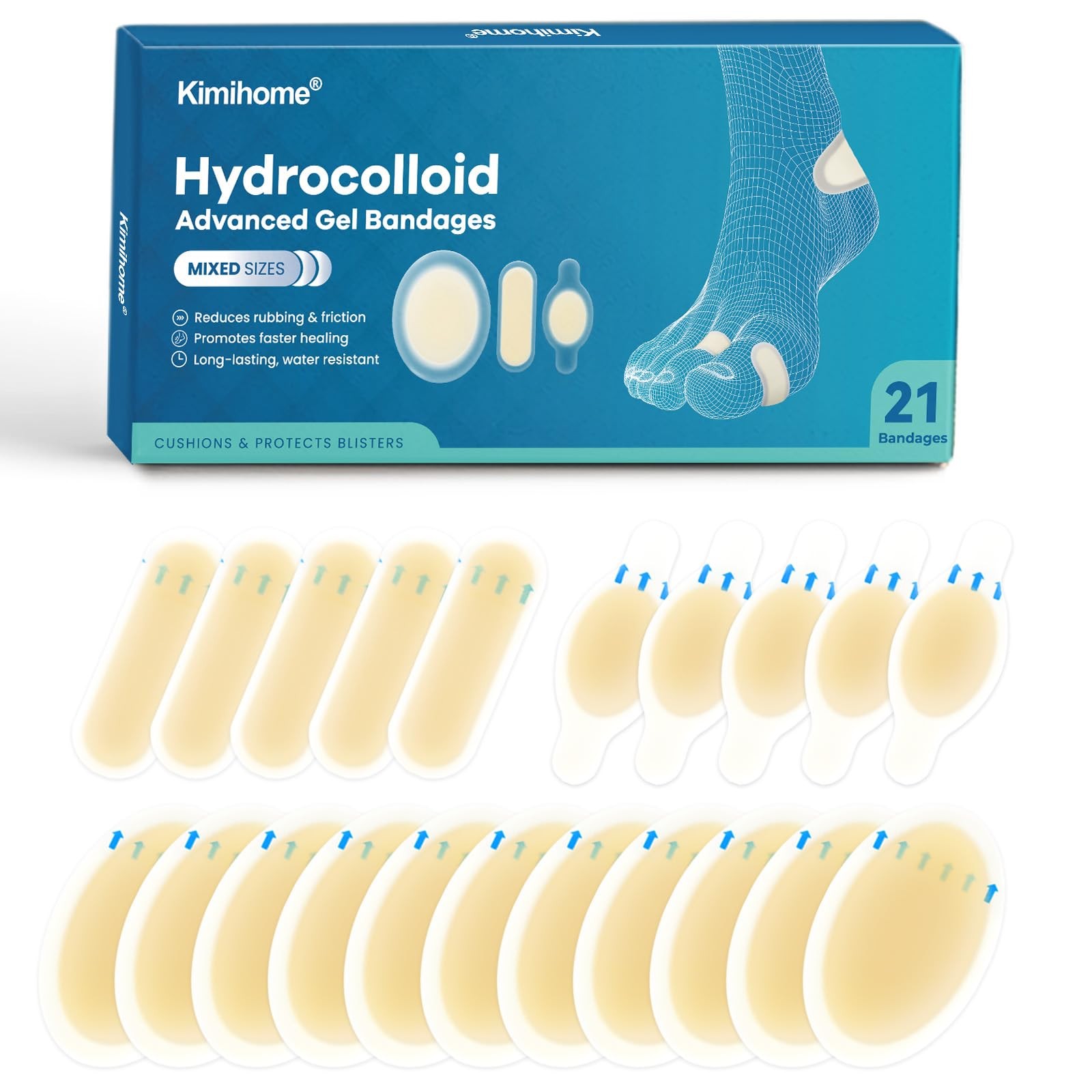 Gel Blister Bandages – 21 PCS Hydrocolloid for Feet, 21 Count, White