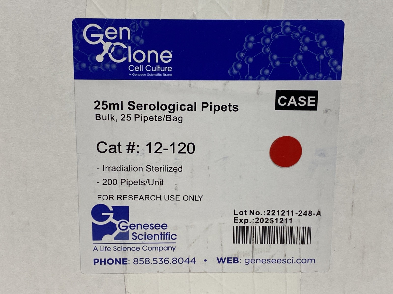 (200/Cs) GENESEE GenClone 25mL Graduated Serological Pipets Plug 25/Bag 12-120