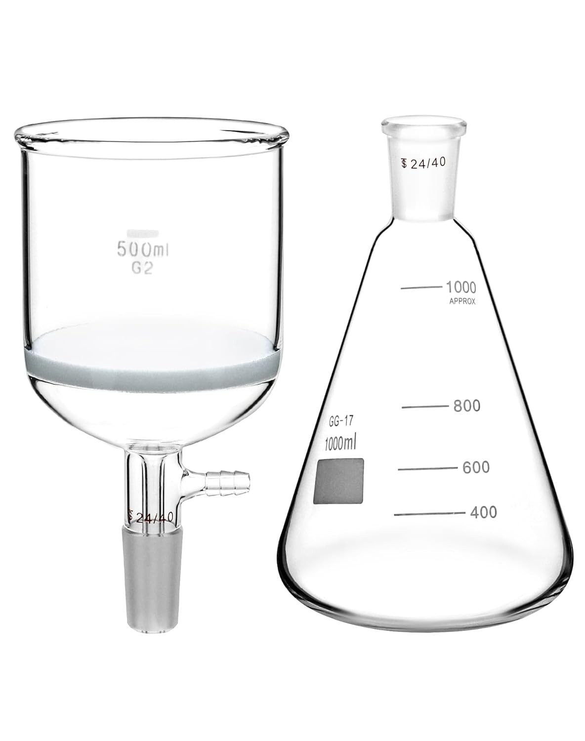 500ml Buchner Funnel & 1000ml Erlenmeyer Flask Set 24/40 Joint Lab Glassware Kit