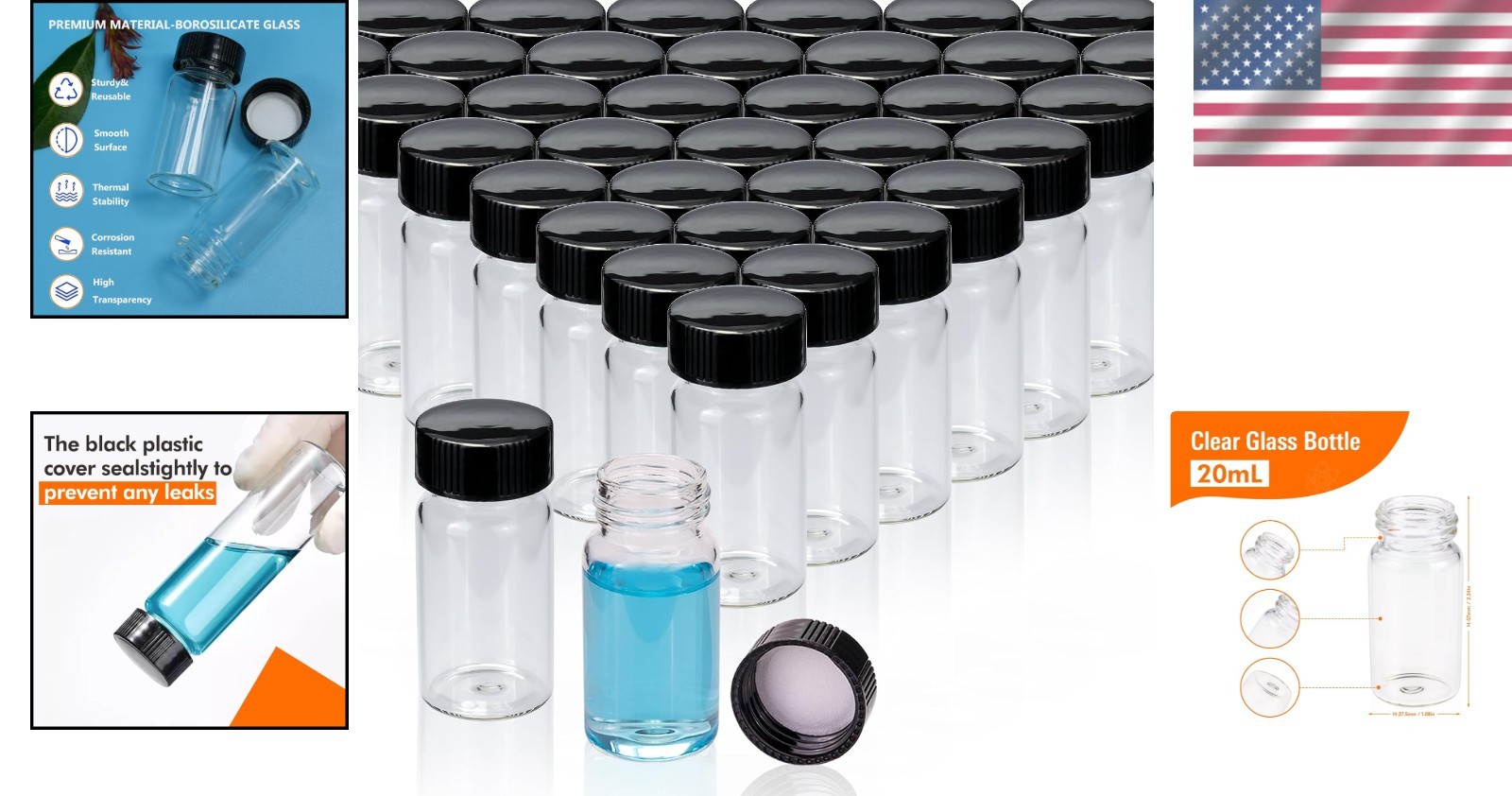 100 Leak-Proof 20ml Glass Vials for Reagent, Perfume