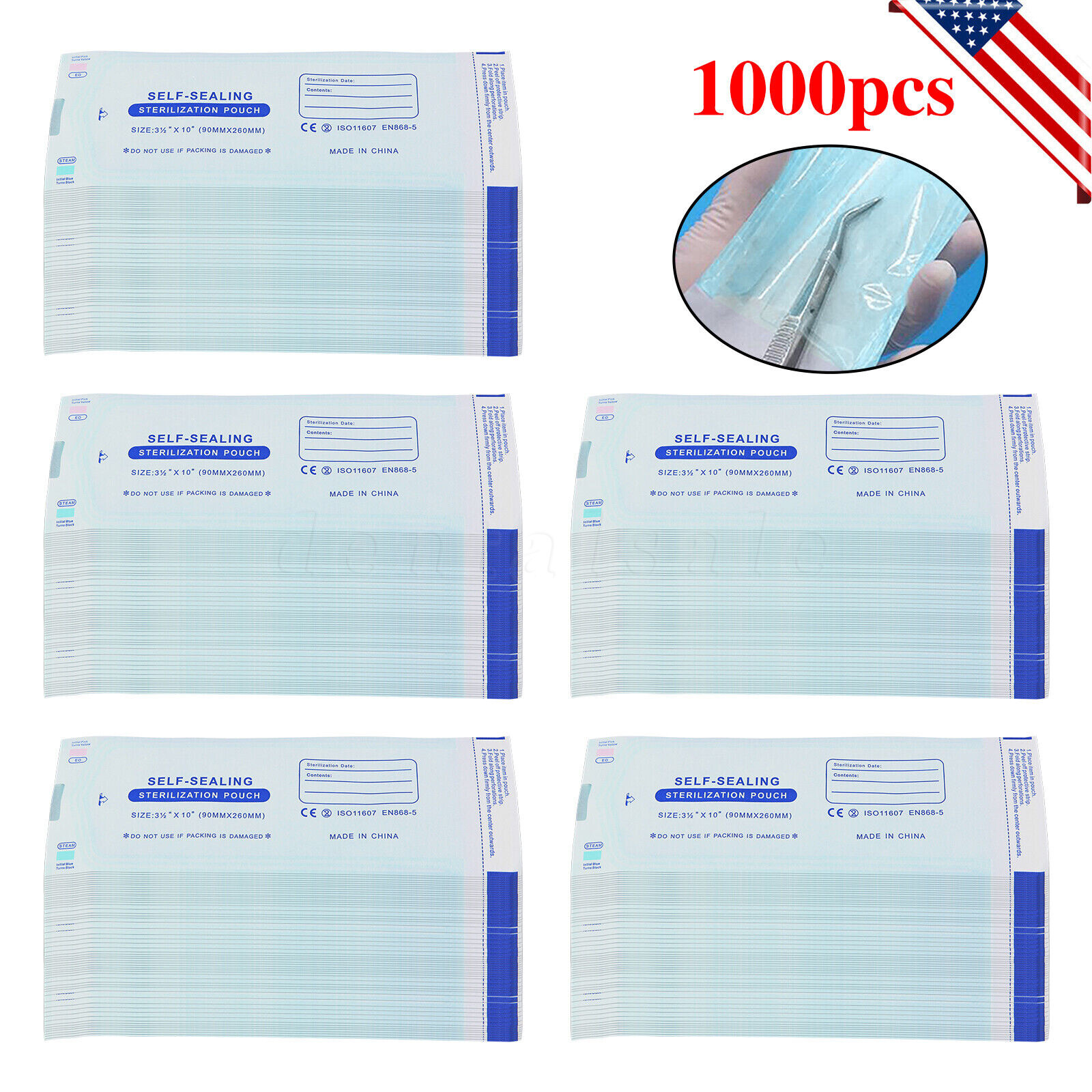 1000 Self-Sealing Sterilization Pouch, 3.5″ x 10″, Paper/Blue Film (5 Boxes)