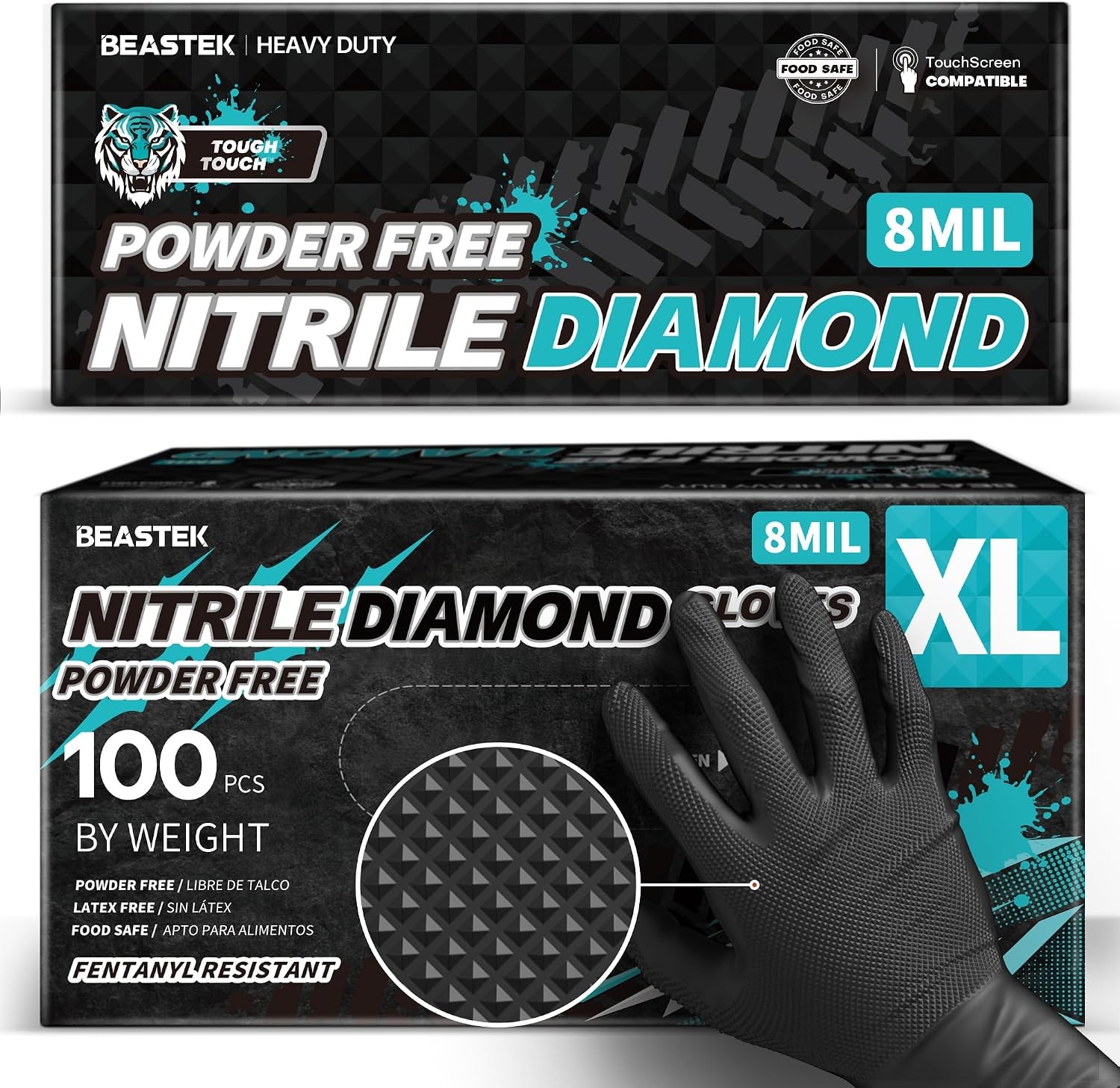 Beastek 8 Mil Nitrile Disposable Gloves Heavy Duty Diamond Grip Black 100pc
