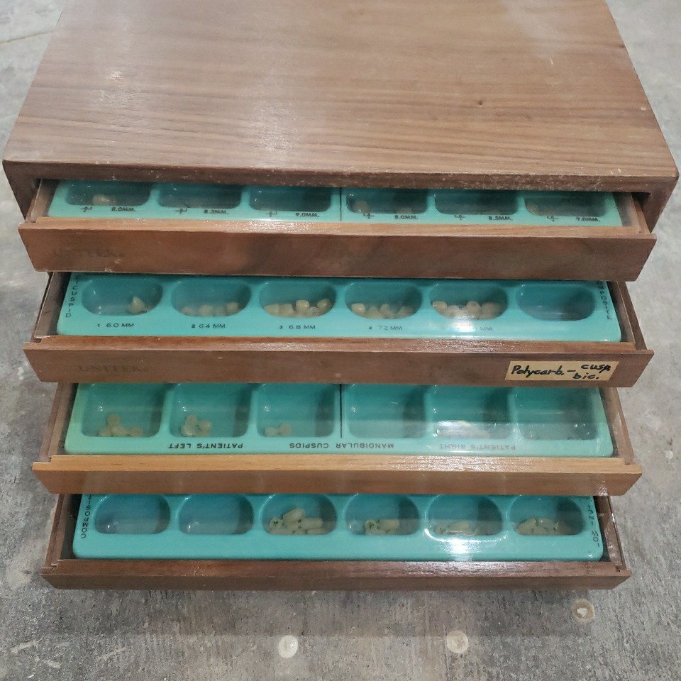 Dental Wood Cabinet With 100’s of Polycarb & Transparent Plastic Crown Forms