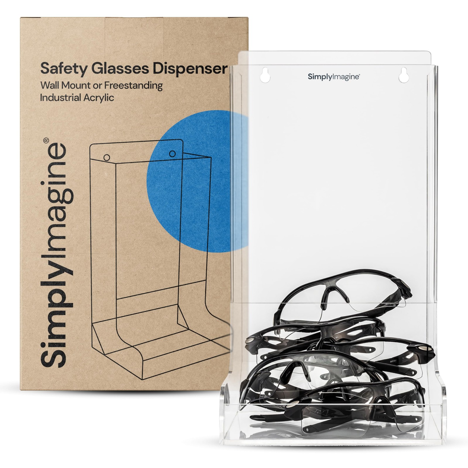 SimplyImagine Safety Glasses Holder Wall Mount Dispenser Bin Rectangle, Clear