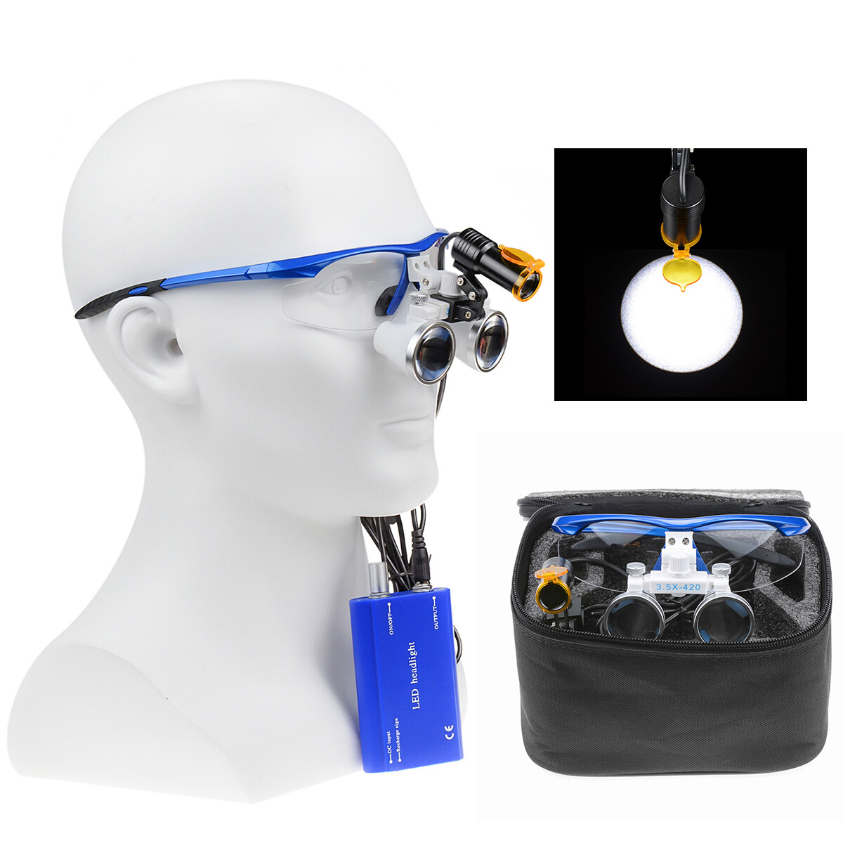 Dental Blue High Power 5W LED Headlight+Light Shield+3.5X Surgical Loupes DY-008