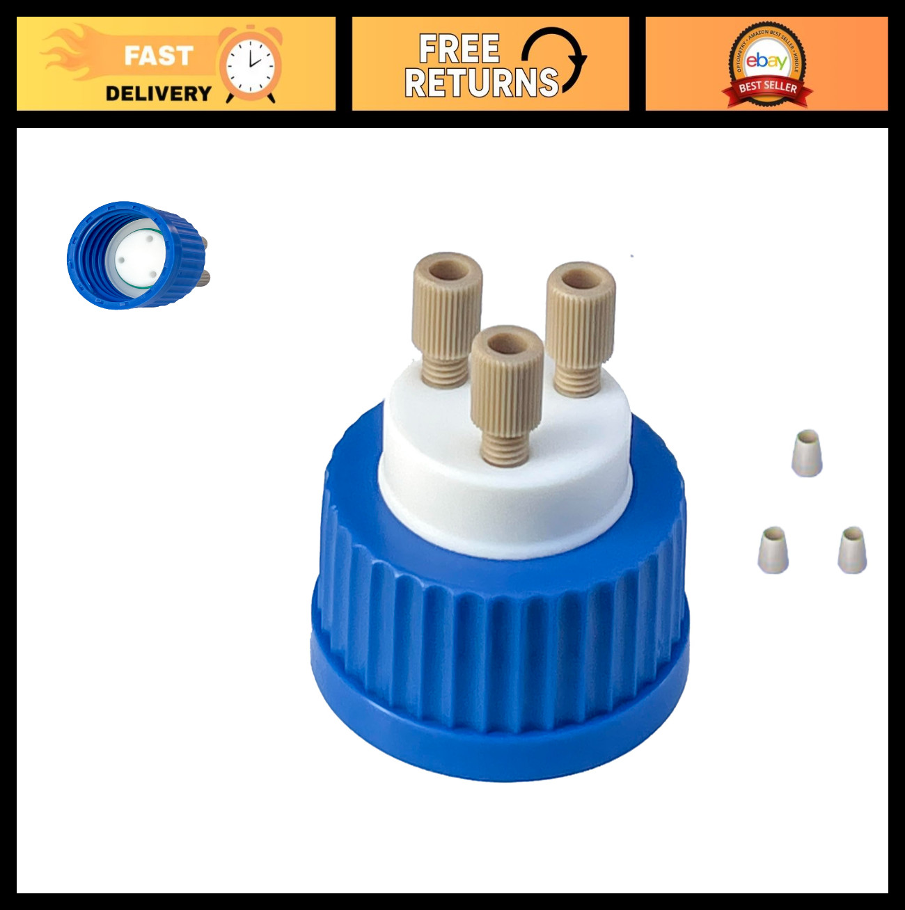 3-Port Lab Safety Cap with 1/4″-28 Thread Inserts & PEEK Fitting, GL45 for 1/8″