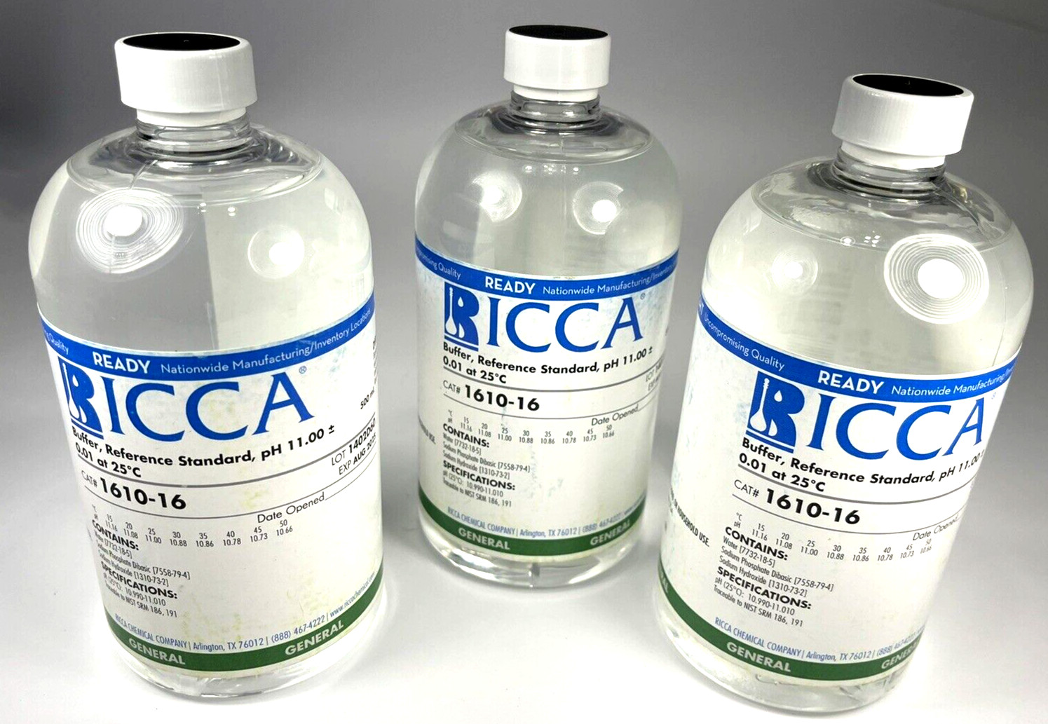 (Qty 3) Ricca – 1610-16 500mL Buffer, Reference Standard, pH 11.00 Exp Aug 2025