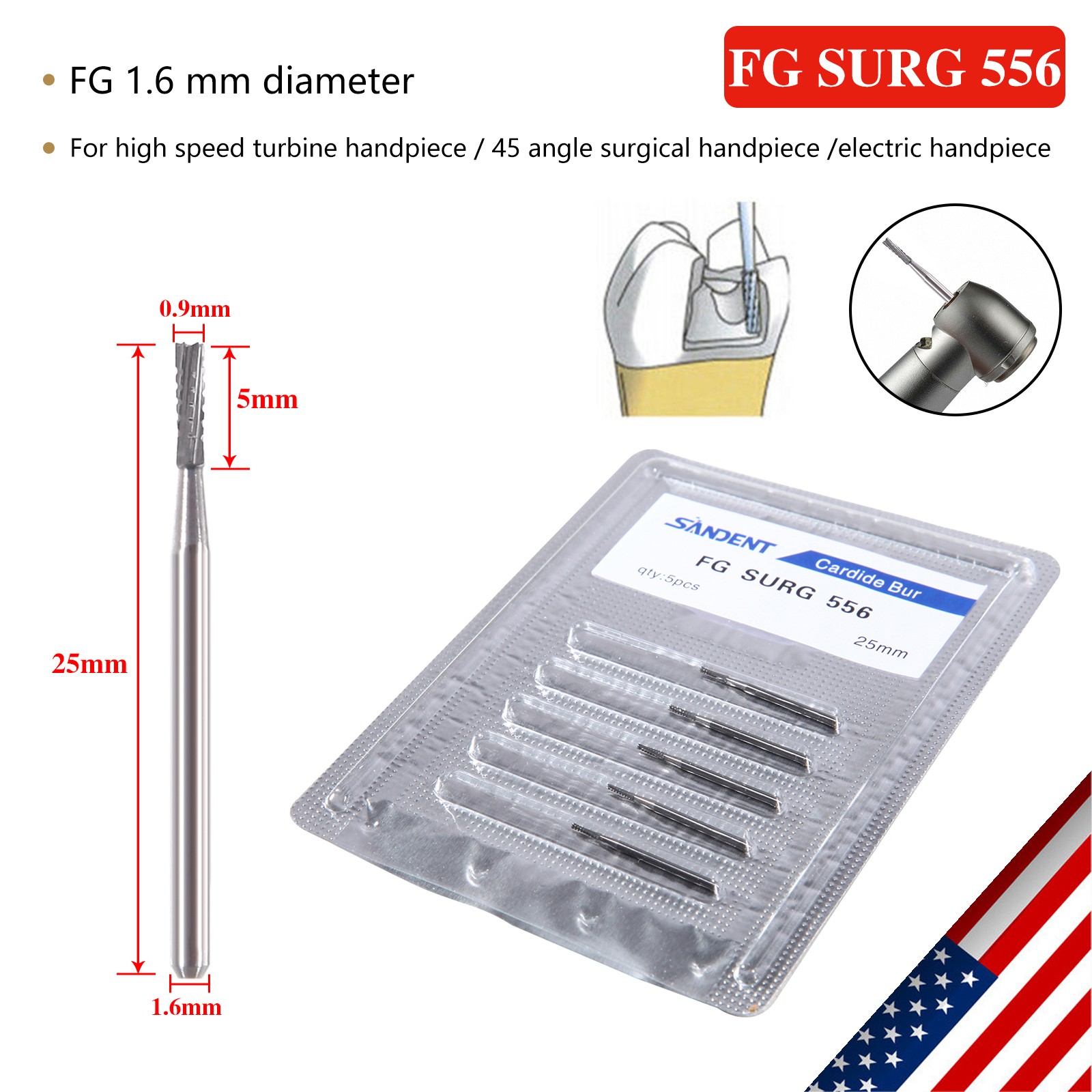 5-50PCS Cirugía quirúrgica dental Fresas redondas carburo tungsteno FGXL 556 558