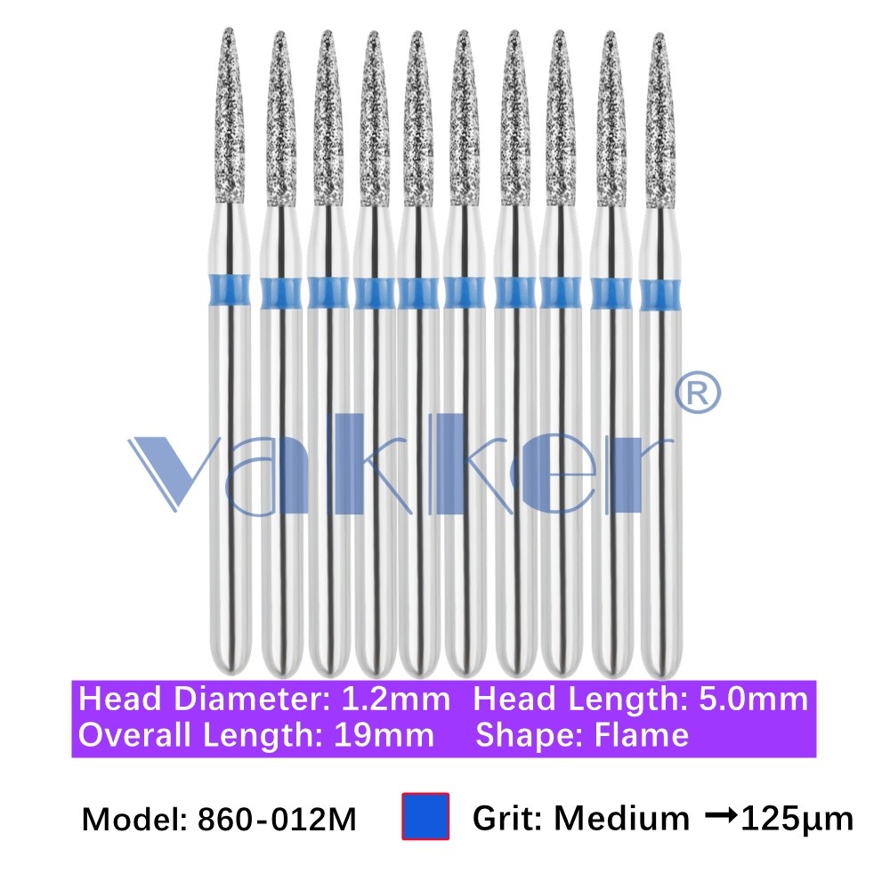 Vakker 10pc Dental 860-012M Medium Grit FG Diamond Bur Friction Grip Flame Shape