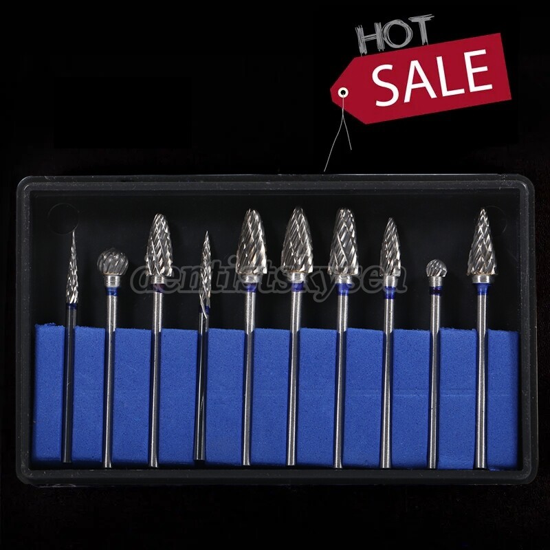 10pcs Dental Lab Polisher Drills Assorted Tungsten Steel Carbide Burs 2.35MM