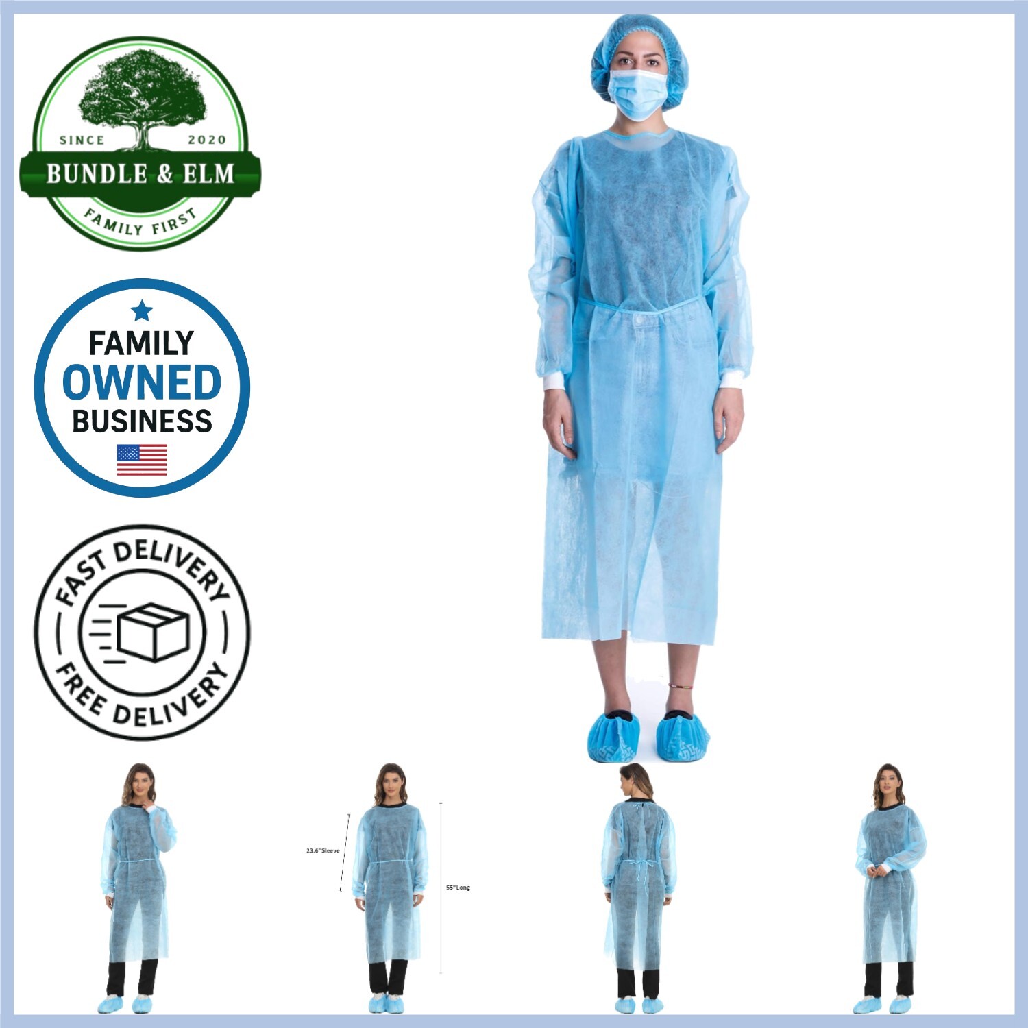 Disposable Isolation Gown Polypropylene Long Sleeve Blue Pack of 15