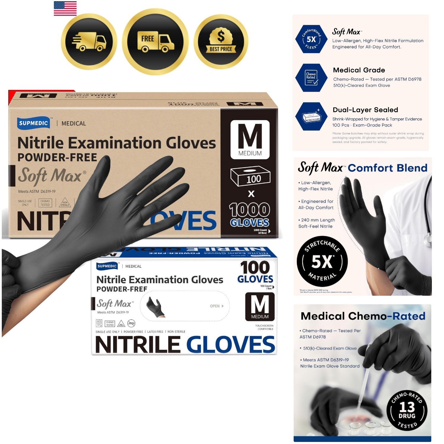 Medical Soft Max Nitrile Exam Gloves, 1000Pcs Latex-Free Powder-Free Food Saf…