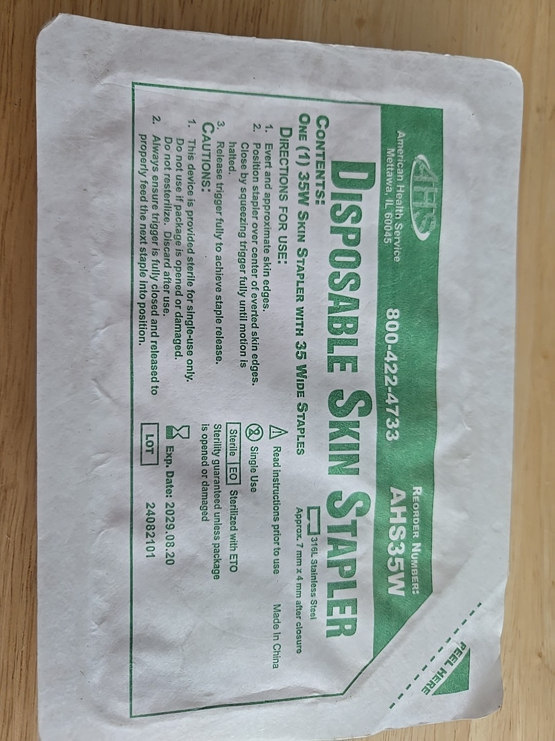 Sterile disposable skin Stapler AHS35W. Exp. Date 8-20-2029
