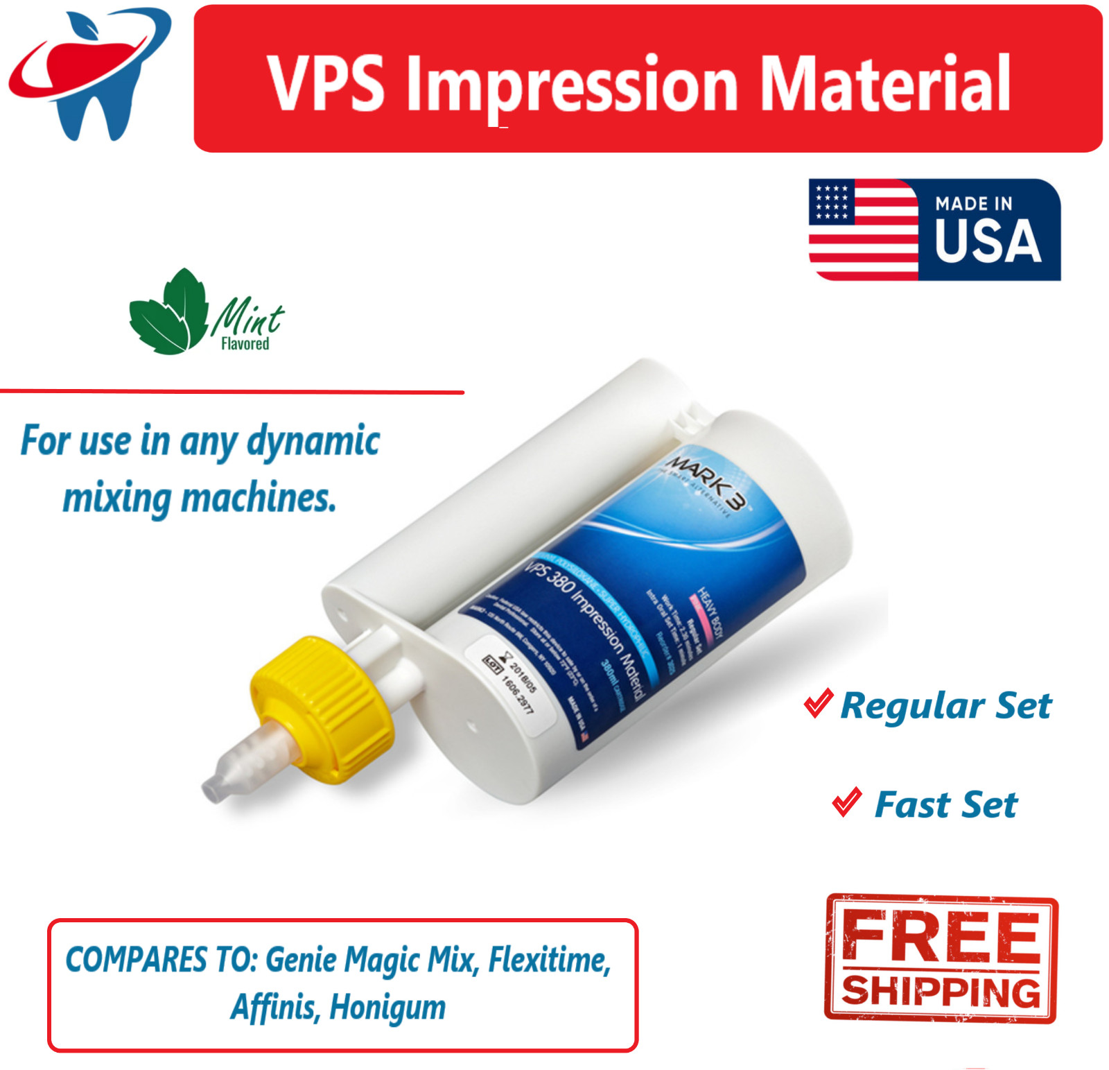 Dental 380ml VPS Impression Material Monophase Heavy Body Fast Set Mint PVS USA