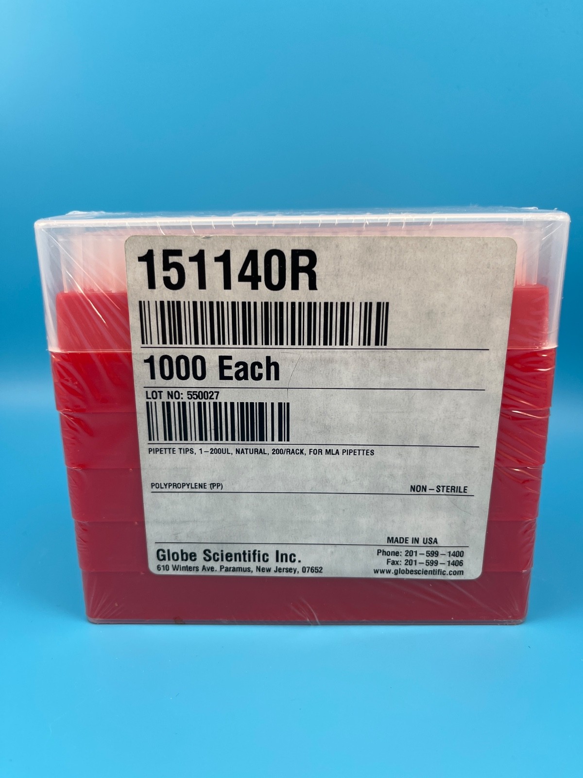 Globe Scientific 151140R Pipette Tip, 0.1 To 200Ul, Rack, Pk1000 – NEW Sealed